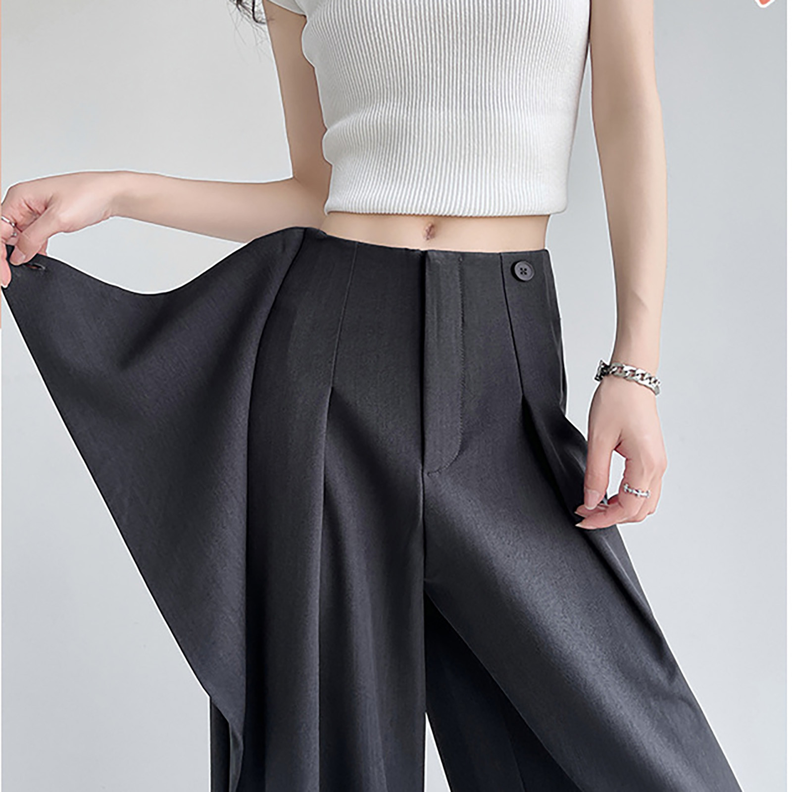 thumbnail image 4 of Pantalones casuales de pierna ancha para mujer - Pantalones de traje rectos de cintura alta - Material de poliéster - Para el trabajo, los negocios, el día a día - Cintura elástica en la parte trasera, 4 of 4